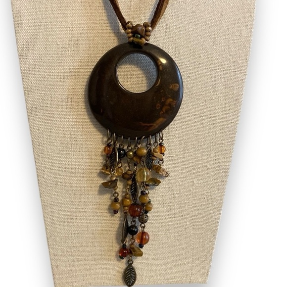 Jewelry - Boho Charm Pendant Necklace Suede Cord Wood Stone Beads